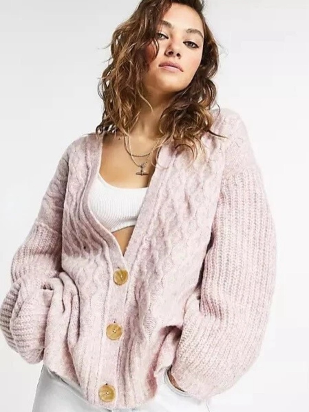 Free people Molly Cable Knit Button-Up Cardigan - Light Pink Women’s XS